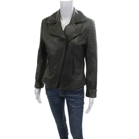 Schyia Women Biker Motorcycle Jacket Dark Gray Polyester Zip Collared Size 38 - Picture 2 of 4